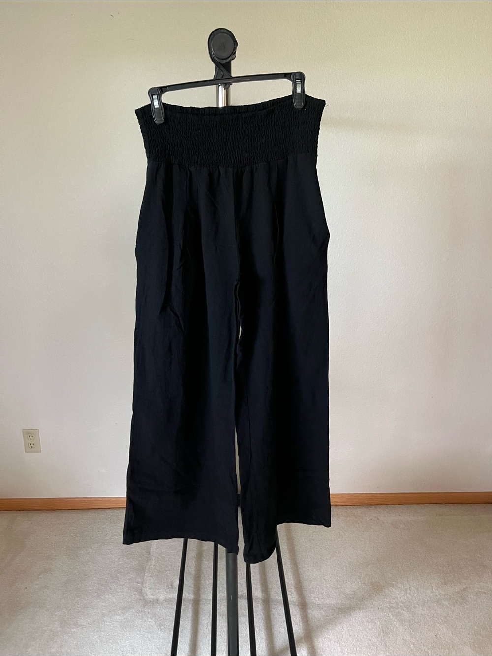 Black High-Waist Smocked Wide-Leg Pants - Women